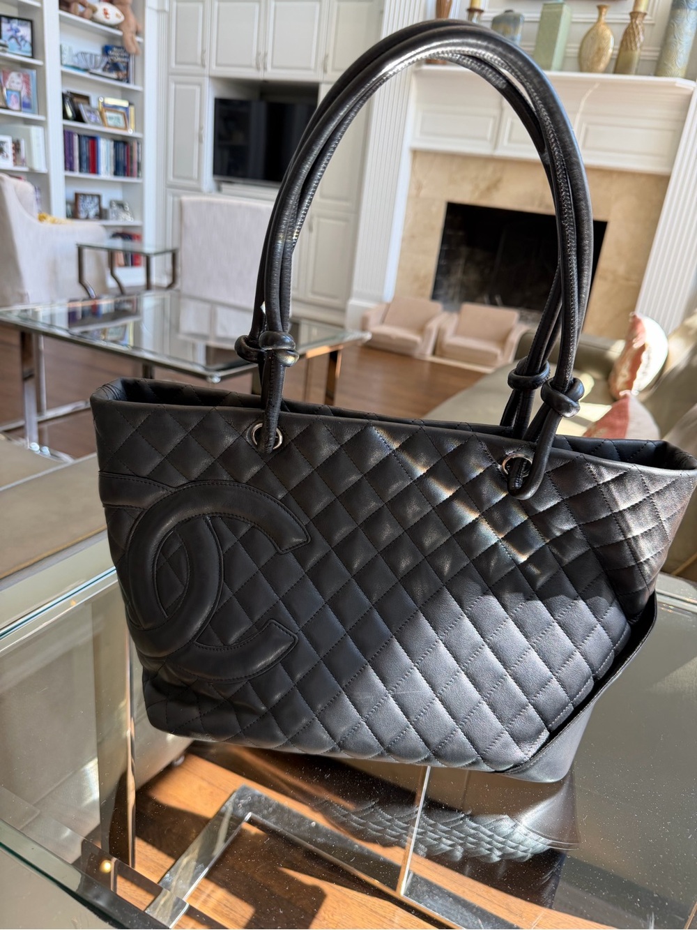 CHANEL Black Quilted Leather Tote with CC Motif